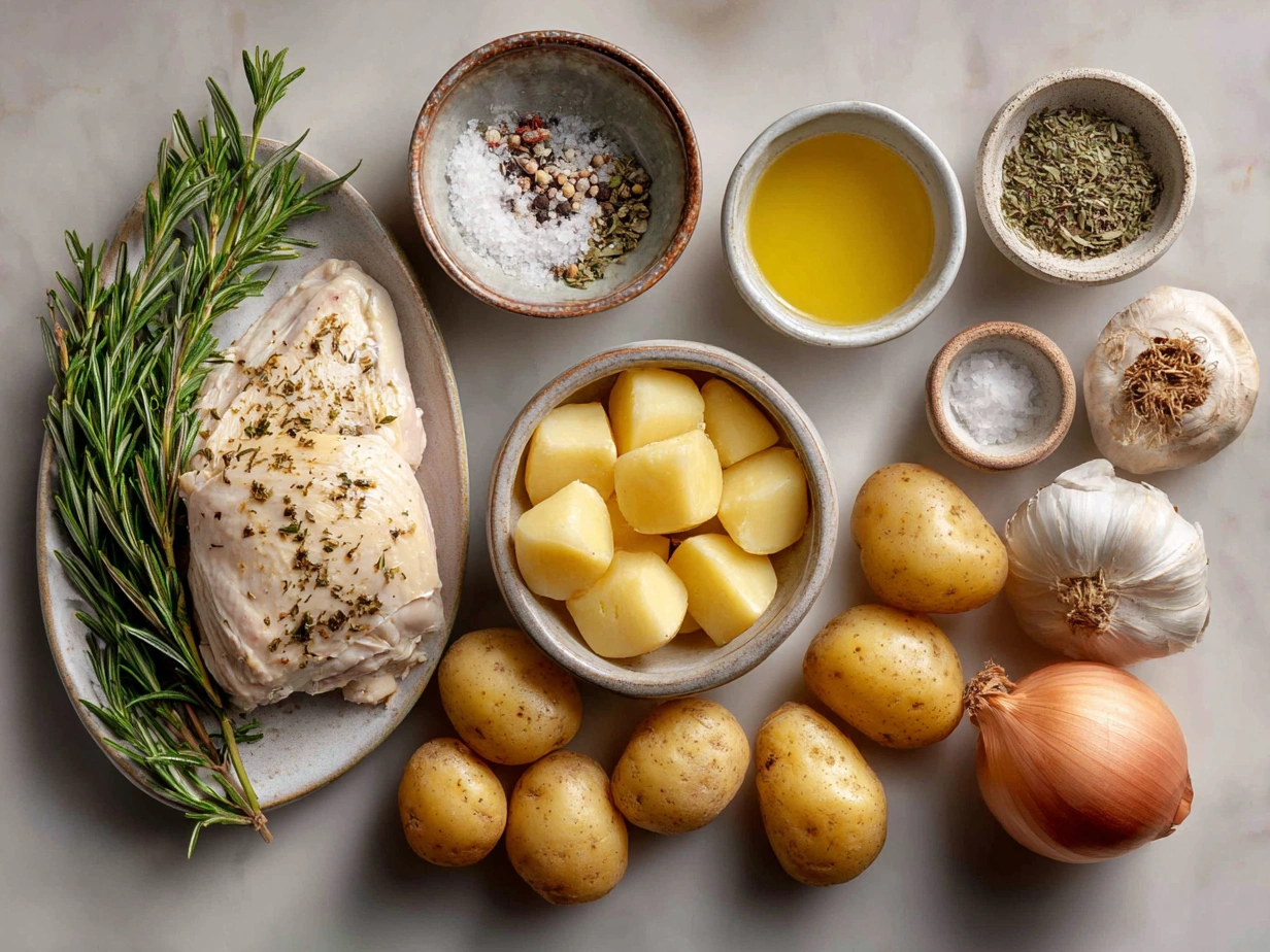 Ingredients for Chicken and Potatoes Dijon Sauce recipe including chicken thighs, red potatoes, Dijon mustard, Greek yogurt, olive oil, garlic, thyme, salt, pepper, chicken broth, and honey