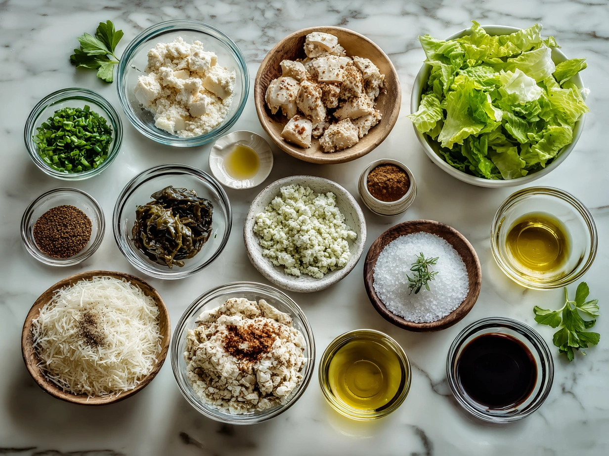 Ingredients for Chicken Caesar Wrap including whole wheat tortillas, grilled chicken, Romaine lettuce, Parmesan cheese, Caesar dressing, lemon juice, black pepper, and olive oil