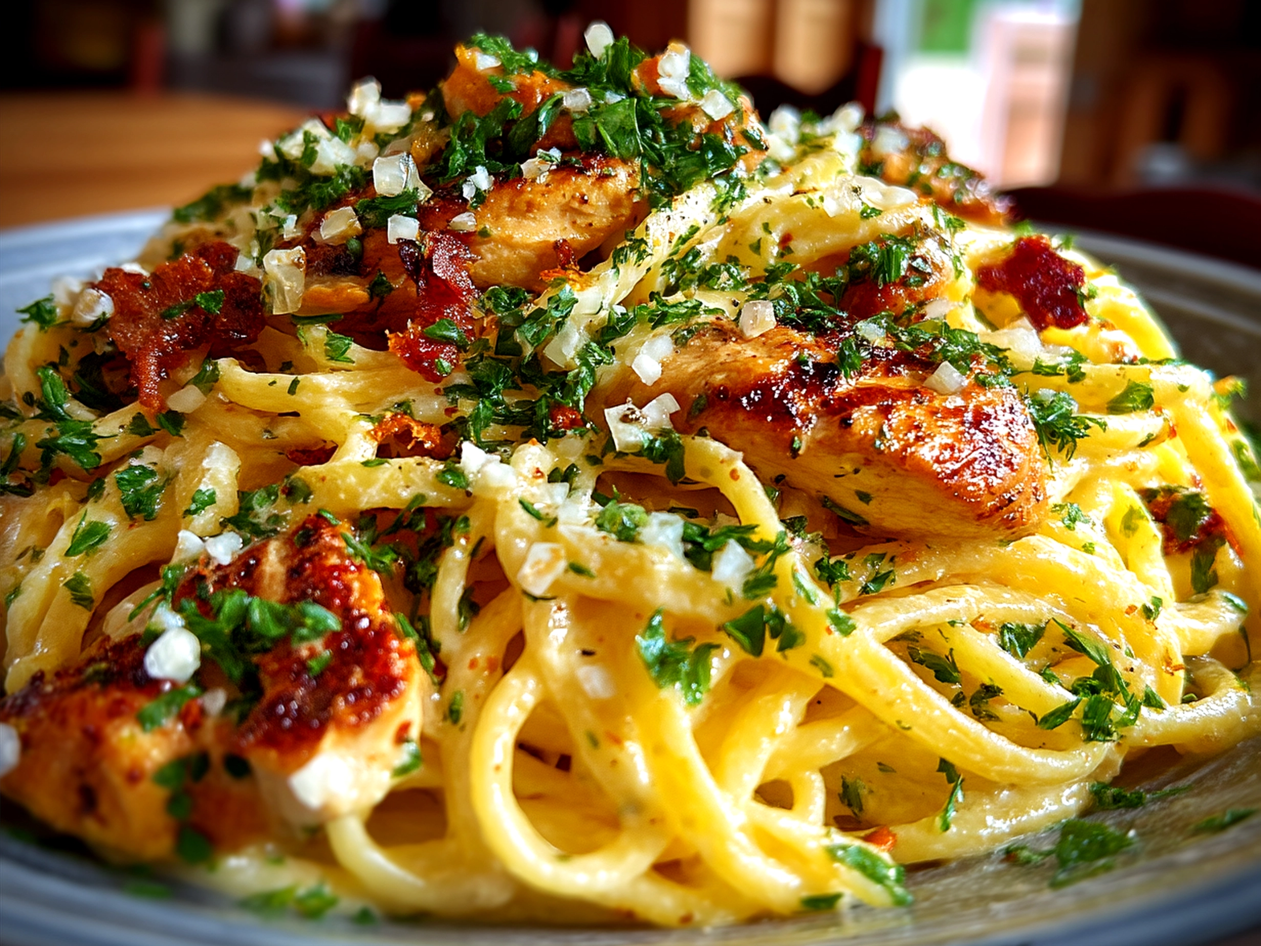 Serving of creamy chicken carbonara pasta garnished with parsley