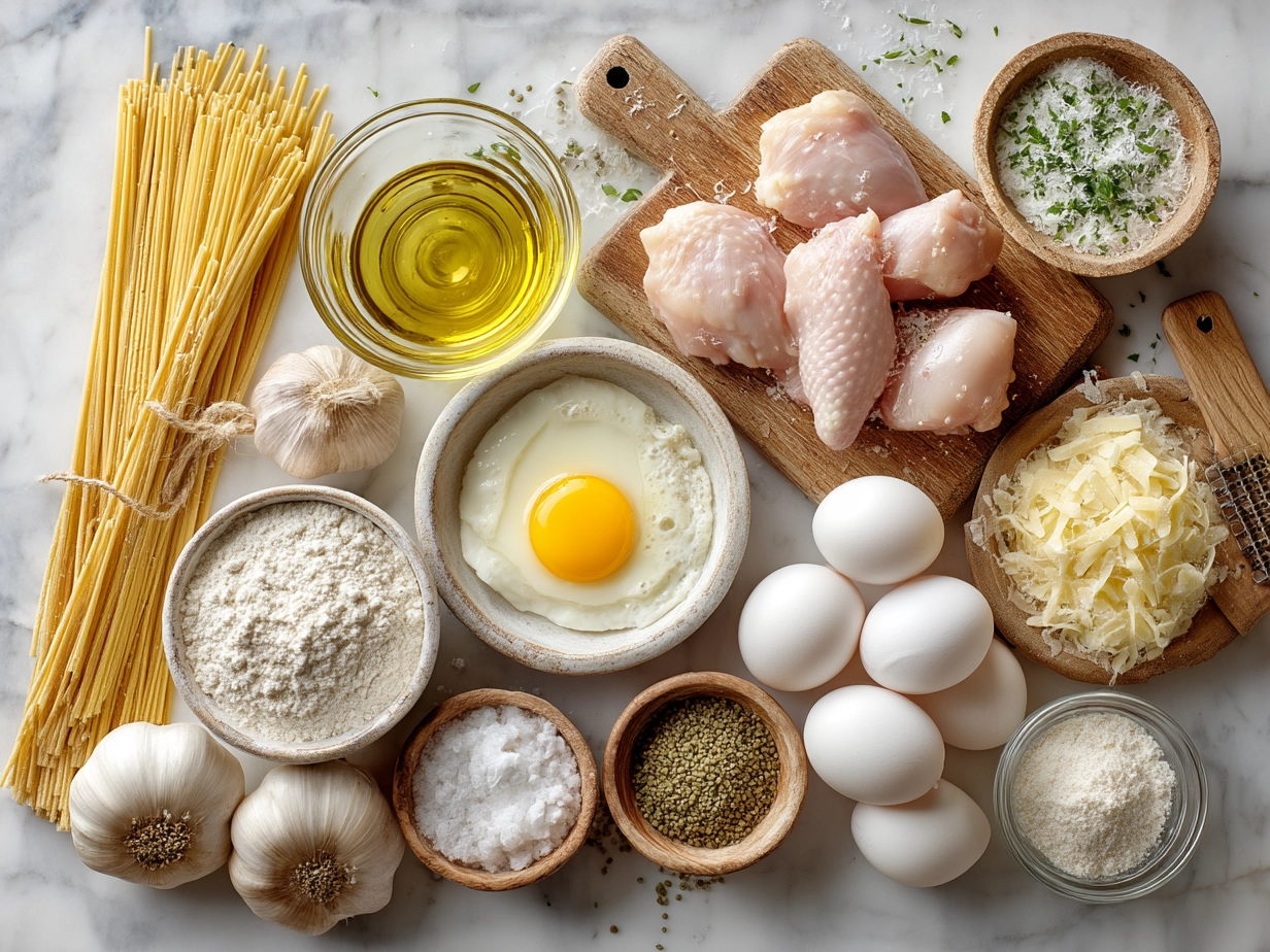 Ingredients for Chicken Carbonara including pasta, chicken, bacon, eggs, Parmesan cheese, Greek yogurt, garlic, and olive oil