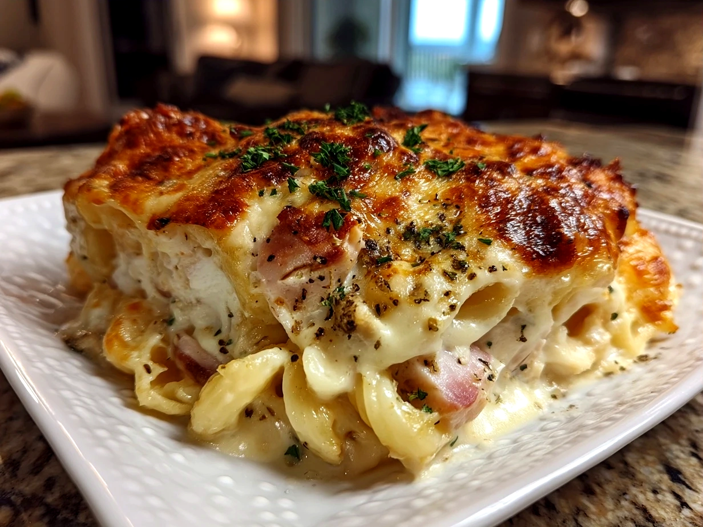 Served Chicken Cordon Bleu Casserole on a plate with sides of green beans and salad