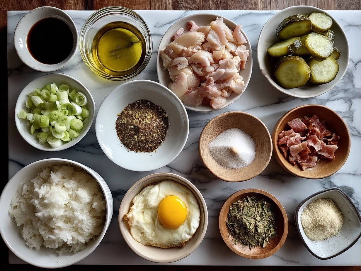 Ingredients for Chicken Cordon Bleu Casserole including shredded chicken, diced ham, Swiss cheese, cream of chicken soup, mayonnaise, spices, and breadcrumbs