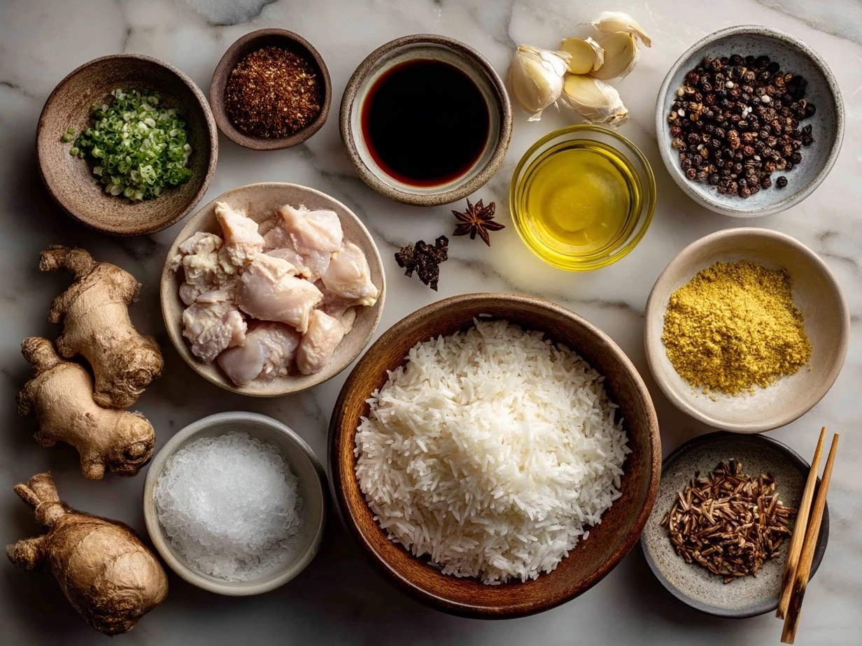Ingredients for Chicken Ginger Rice laid out on a kitchen counter