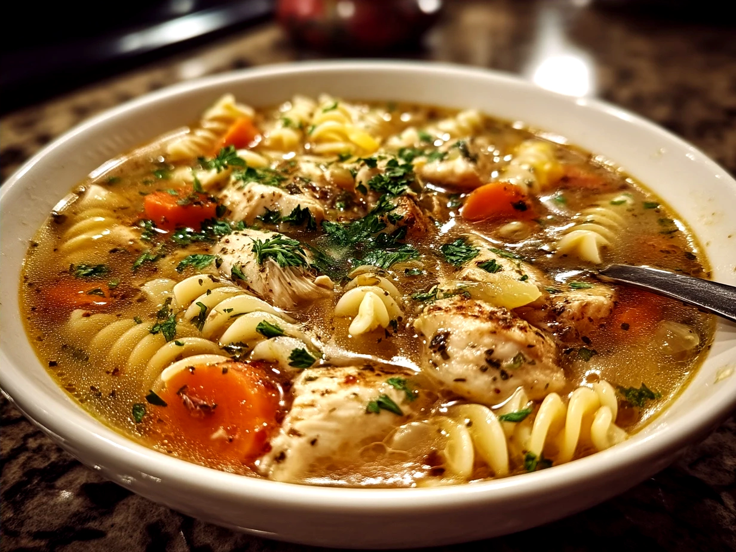 A bowl of freshly made chicken noodle soup ready to serve