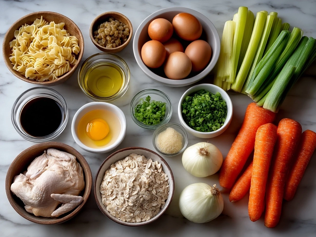 Ingredients for chicken noodle soup including vegetables and chicken