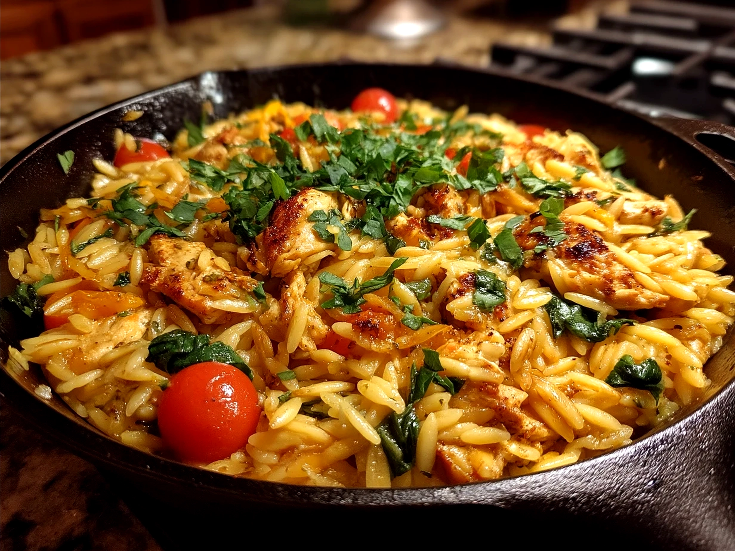 Served Chicken Orzo Skillet meal with fresh salad