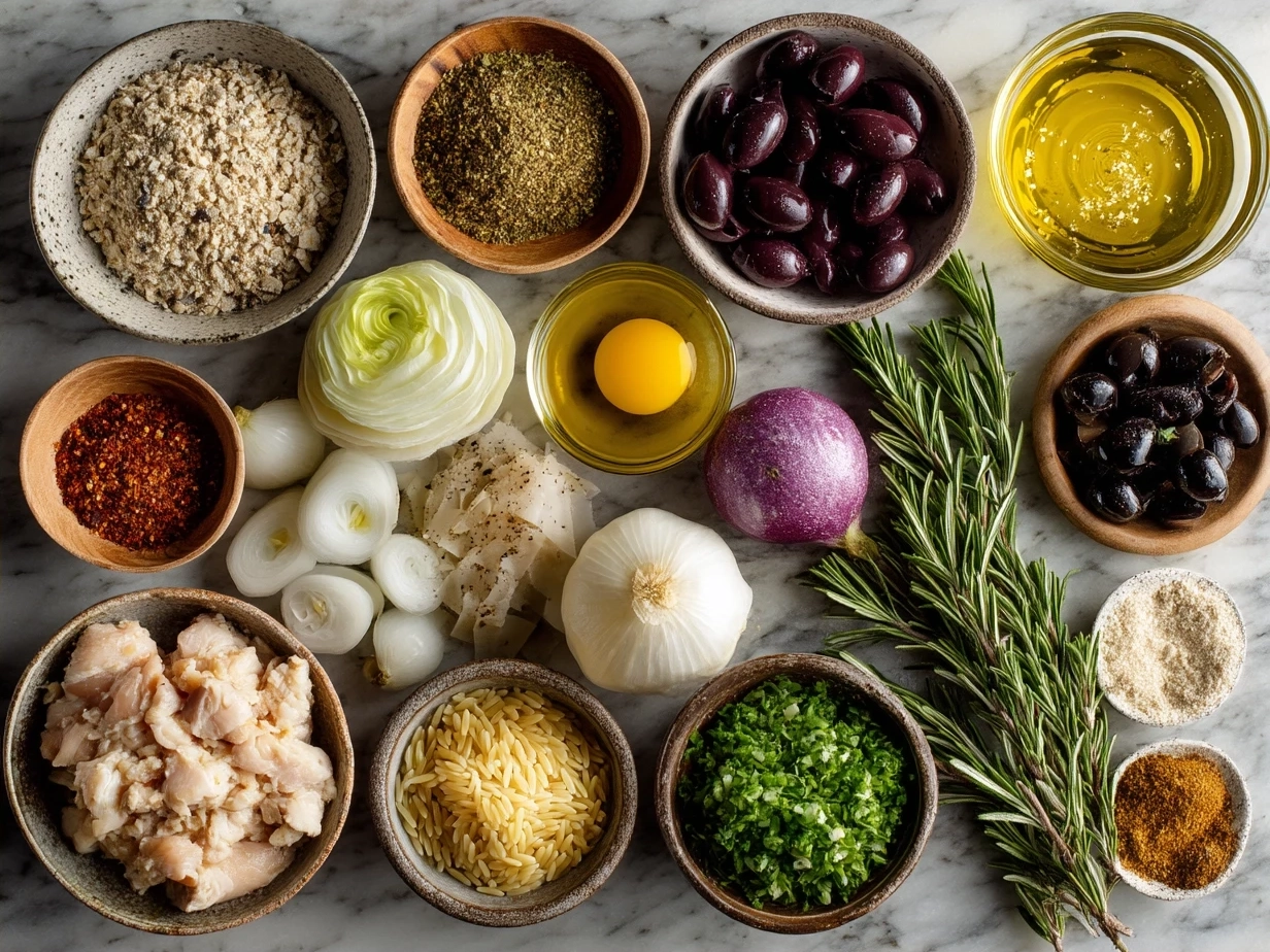 Ingredients for Chicken Orzo Skillet on a kitchen counter