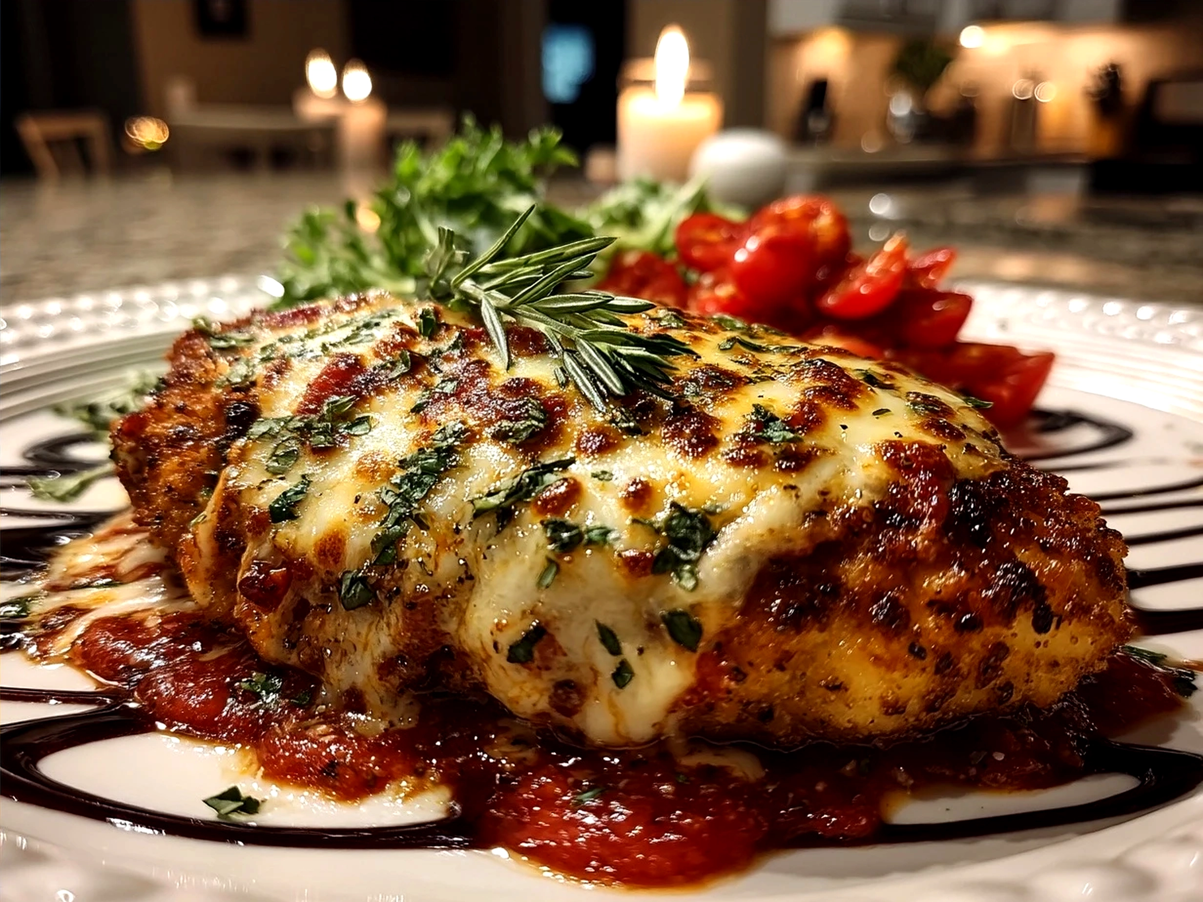 Served baked chicken parmesan with melted cheese and tomato basil sauce on a plate with sides of vegetables