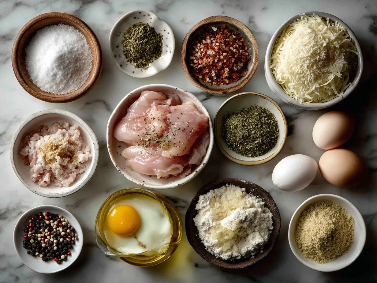 Ingredients for wholesome homemade chicken parmesan including chicken breasts, breadcrumbs, cheeses, and tomato basil sauce