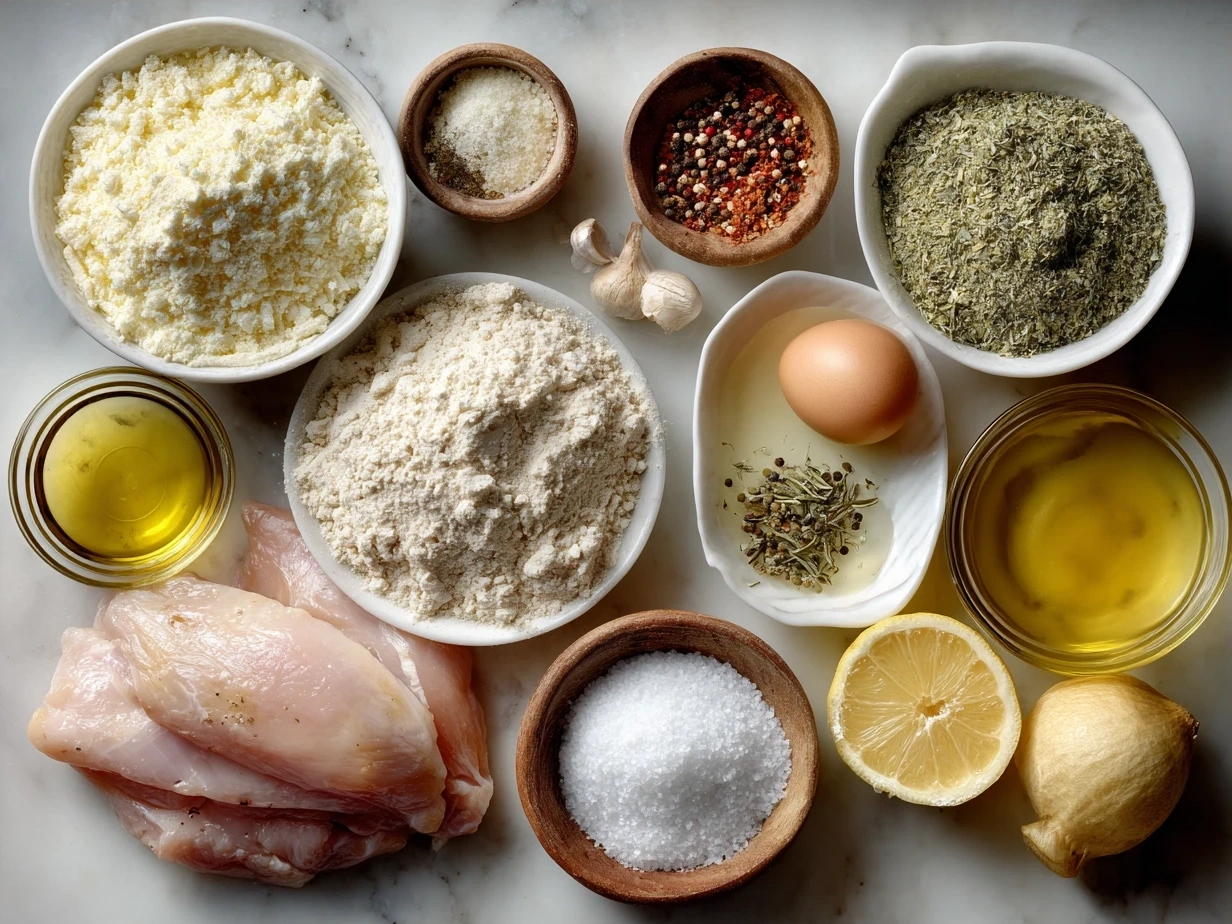 Ingredients for Chicken Piccata Pasta including chicken breasts, lemon, garlic, olive oil, and capers