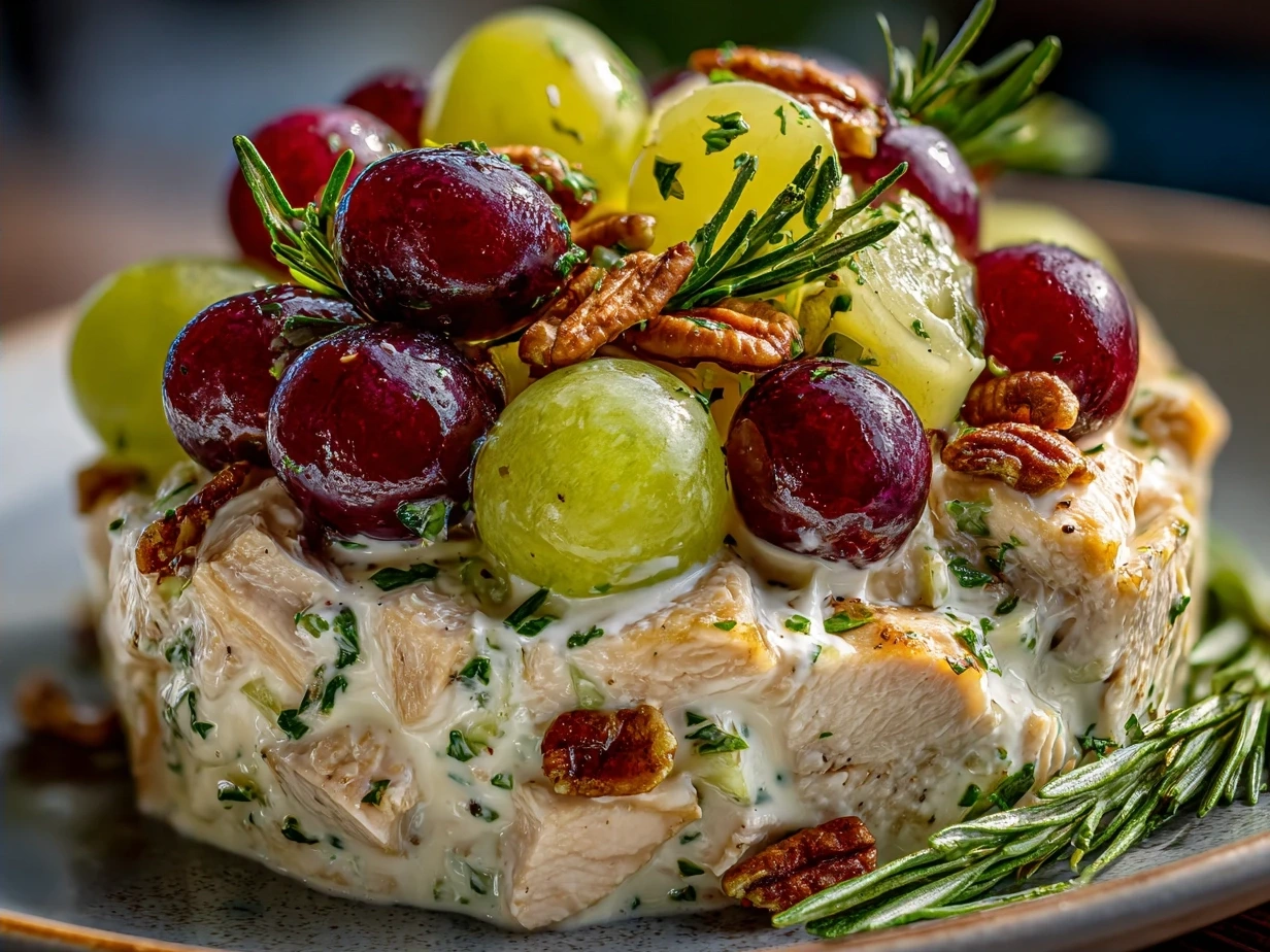 Freshly prepared Chicken Salad Chick Grape Salad in a clear bowl, ready to serve