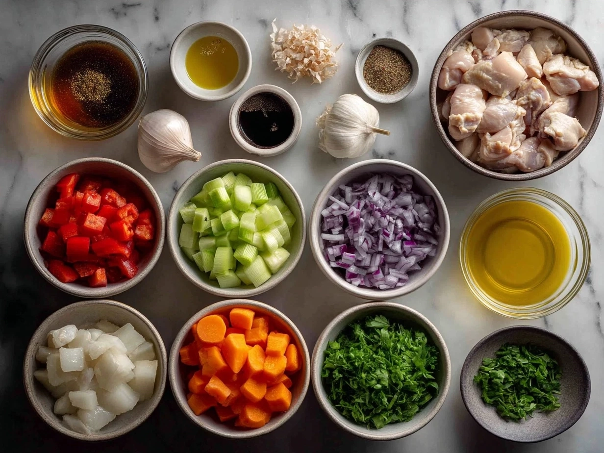 Ingredients for hearty chicken stew laid out on a kitchen counter