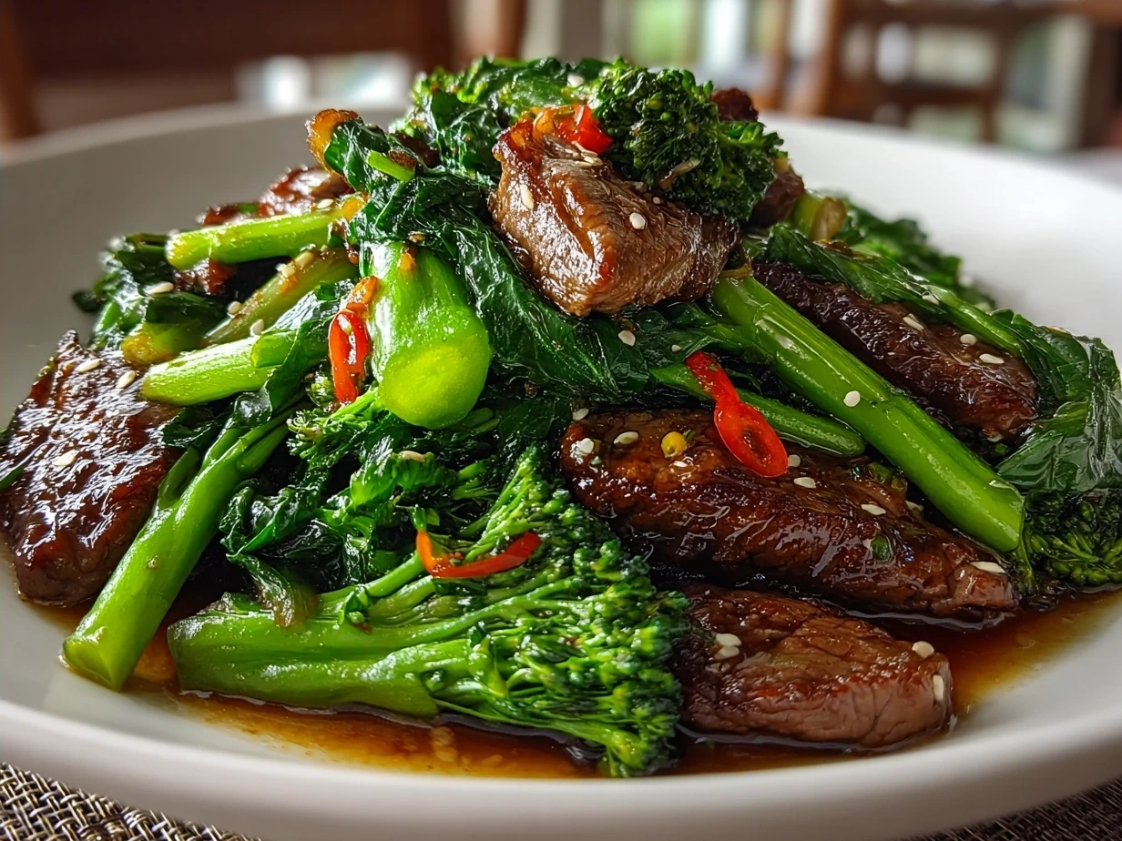 Final plated Chinese Beef Broccoli Stir-fry served with rice on a family dinner table