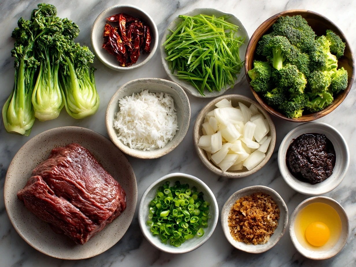 Ingredients for Chinese Beef Broccoli Stir-fry laid out including flank steak, broccoli, garlic, and sauces