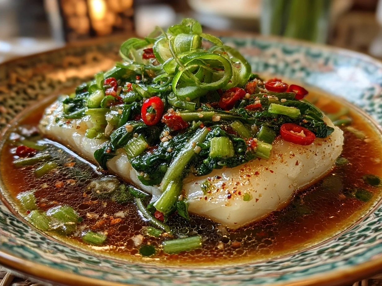 Chinese Steamed Cod Fish with Ginger Scallion Sauce served beautifully on a ceramic platter with fresh herbs