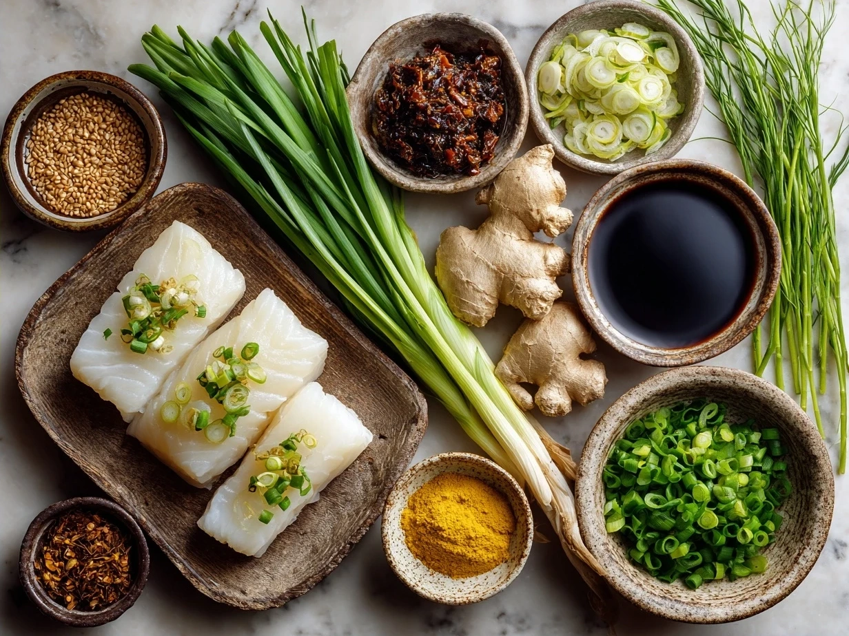 Ingredients for Chinese Steamed Cod Fish with Ginger Scallion Sauce including cod fillets, ginger, scallions, soy sauce, sesame oil, sugar, water, and vegetable oil.
