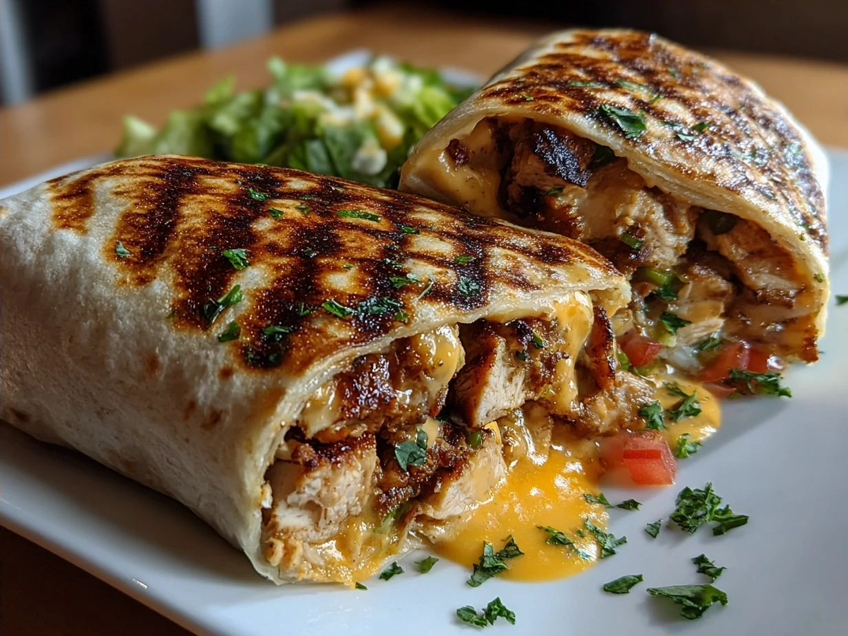 Chipotle Ranch Grilled Chicken Burrito halves served on a colorful plate garnished with fresh cilantro