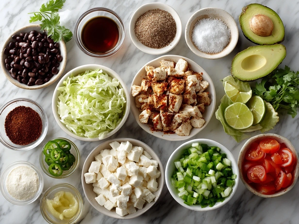 Ingredients for Chipotle Ranch Grilled Chicken Burrito including chicken breasts, tortillas, black beans, corn, lettuce, tomatoes, cheese, and spices