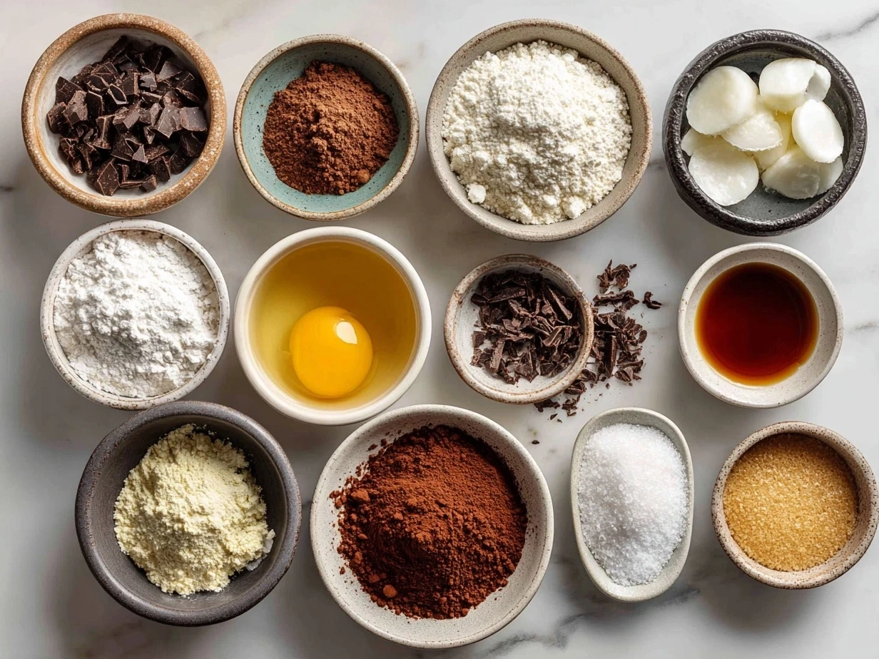Ingredients laid out for Chocolate Blossom Cookies including peanut butter, sugar, egg, baking soda, vanilla, and chocolate kisses