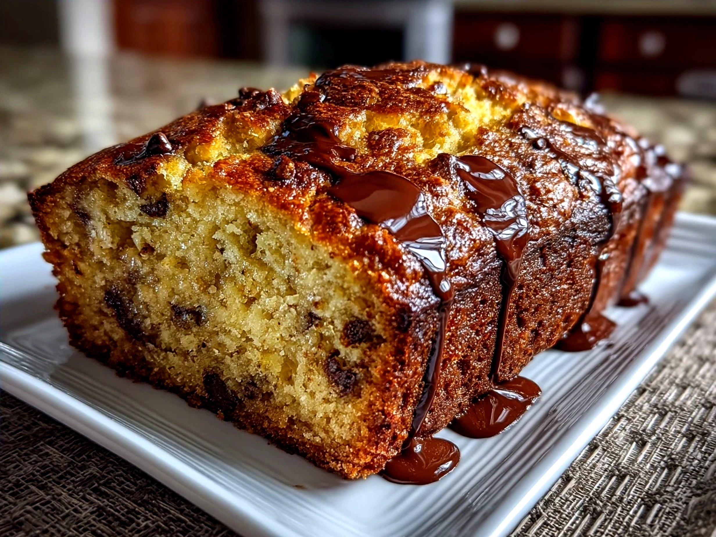 Sliced Chocolate Chip Banana Bread served on a plate with a glass of milk