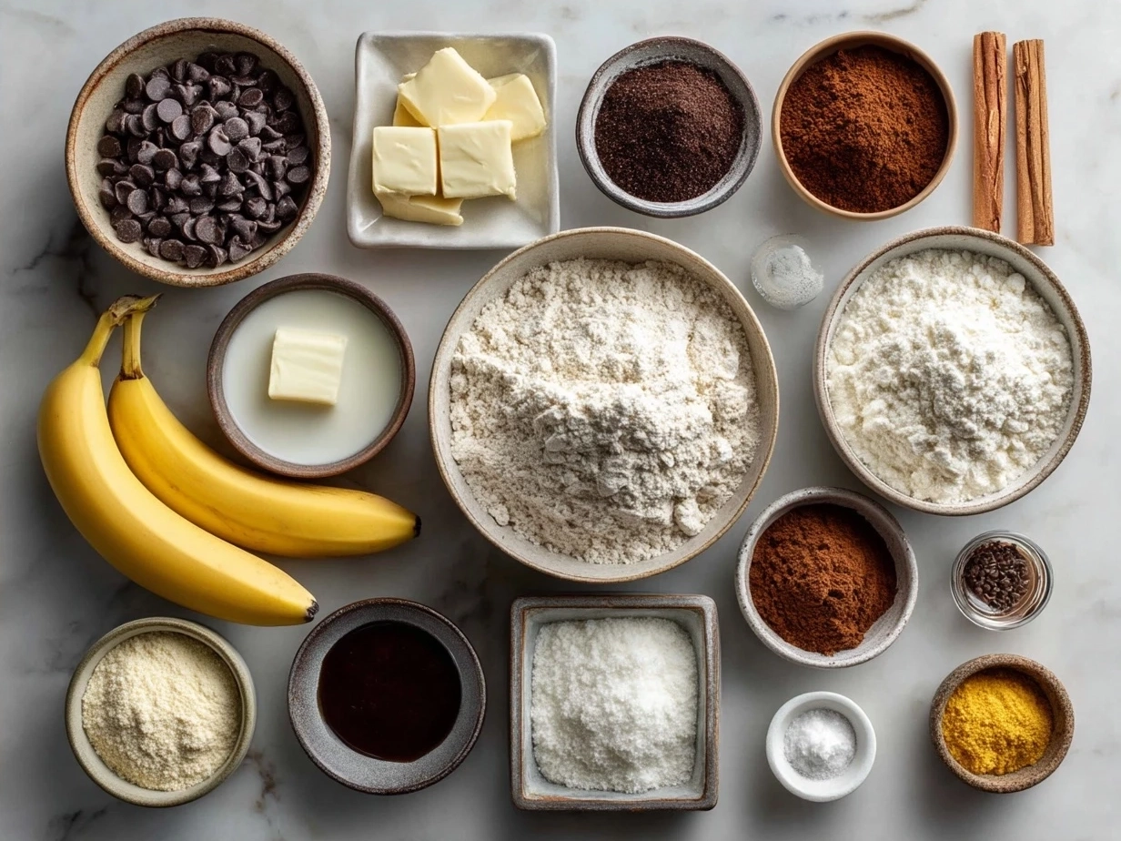 Ingredients for Chocolate Chip Banana Bread including bananas, flour, eggs, and chocolate chips