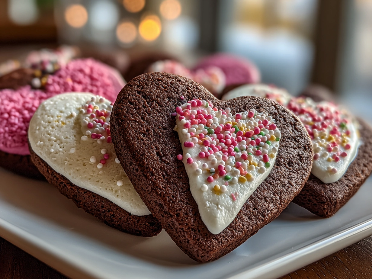 Finished homemade Chocolate Cut-Out Heart Cookies on a plate