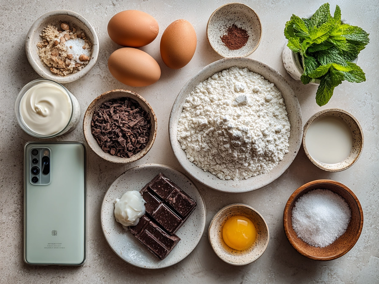 Ingredients laid out for Chocolate Mint Crinkles including flour, cocoa, eggs, and peppermint extract