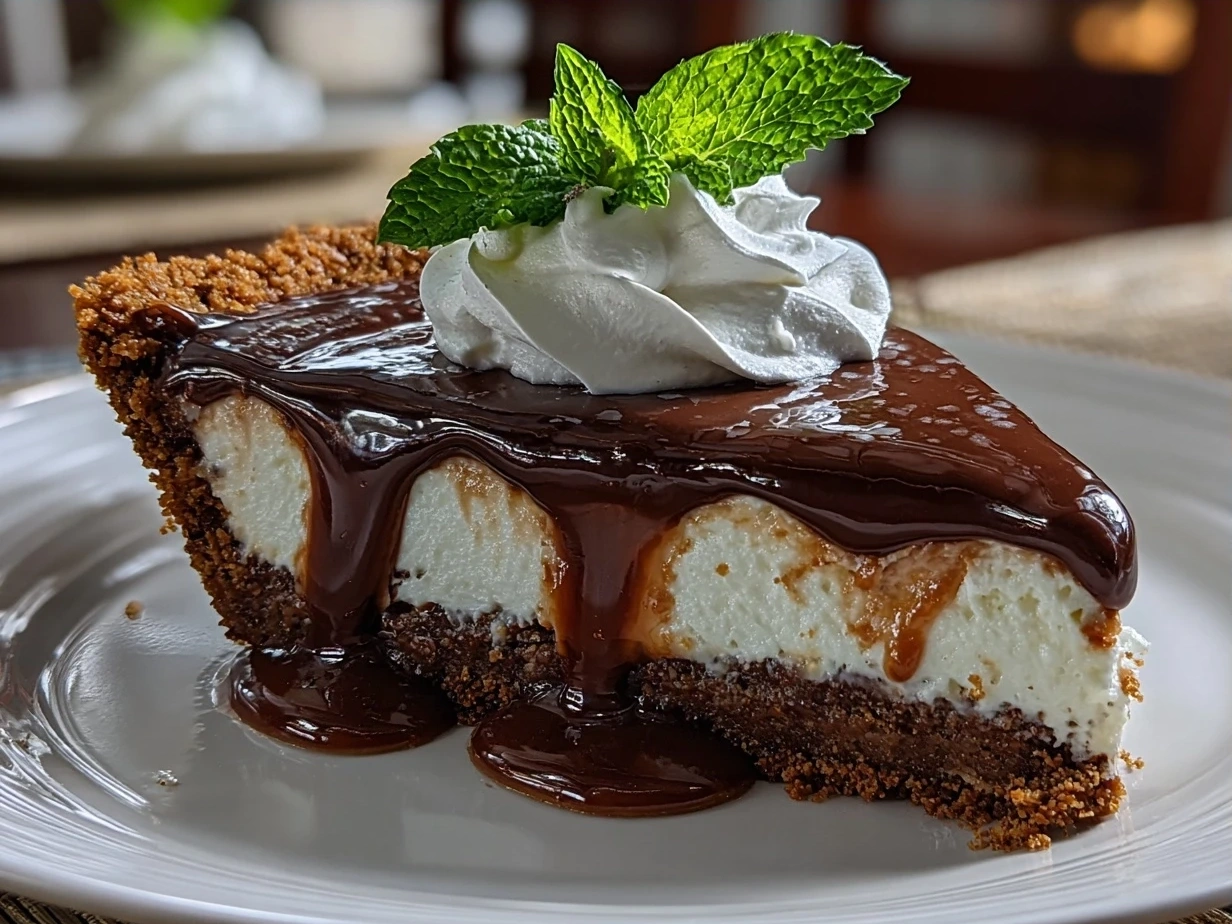 Finished Chocolate Mint Pie garnished with mint leaves