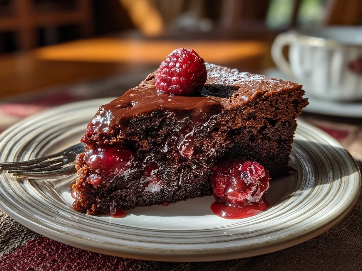 Finished Chocolate Raspberry Cake with fresh raspberries on top