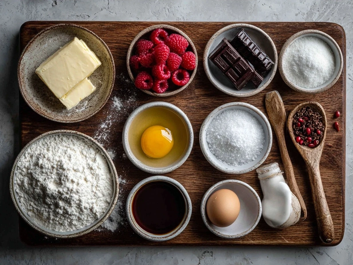 Ingredients for making Chocolate Raspberry Cake on a wooden table