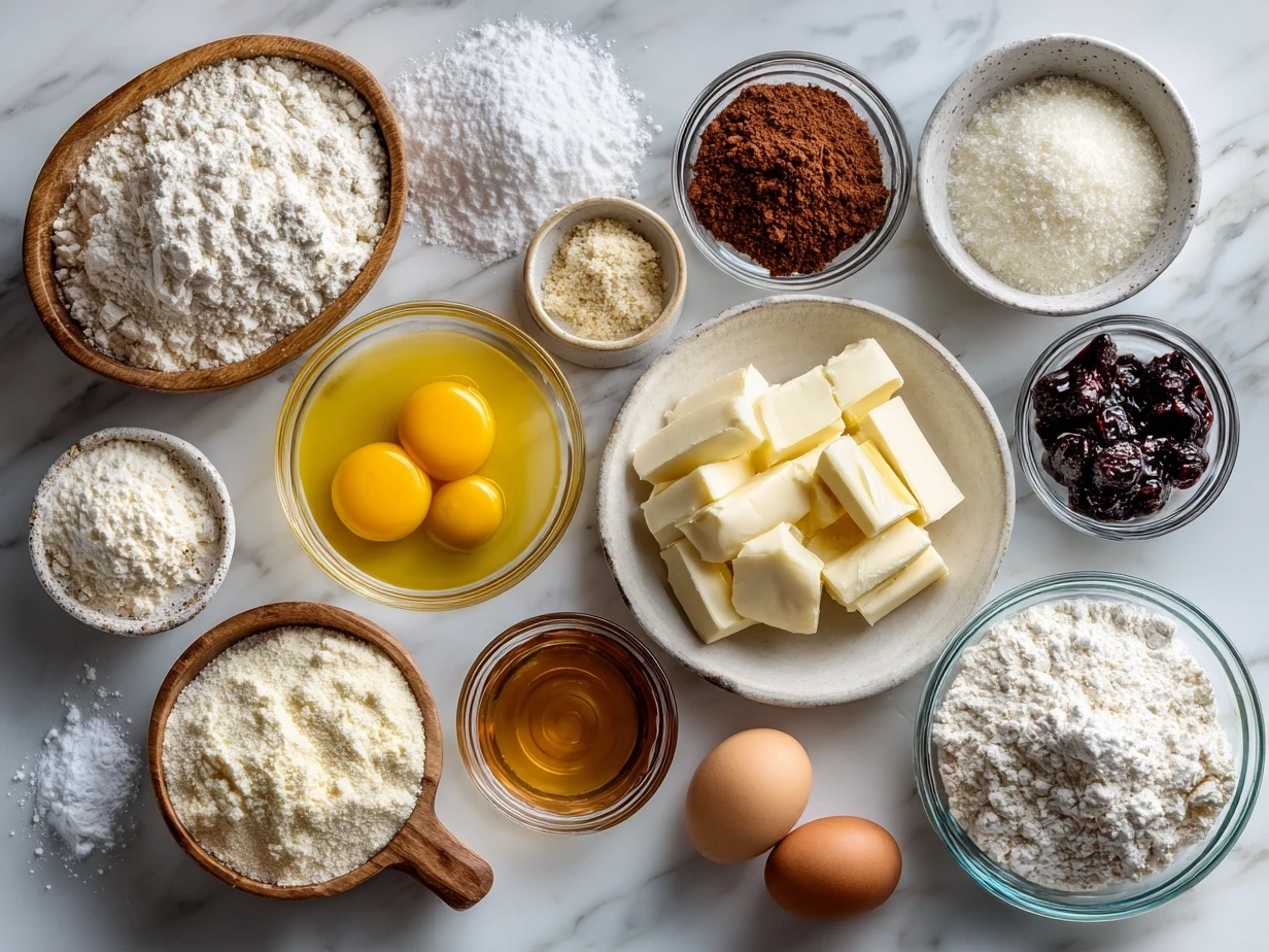 Ingredients for Christmas Lights Cookies: flour, butter, sugar, egg, vanilla, baking powder, salt, royal icing, and mini M&Ms.
