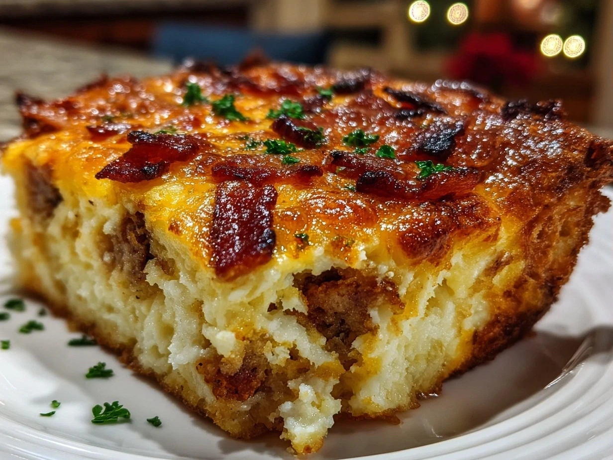 Freshly baked Christmas Breakfast Casserole served warm with festive sides