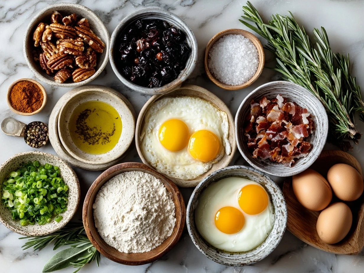 Ingredients for Christmas Breakfast Casserole including eggs, cheese, milk, bread, sausage, onion, spinach, and seasonings