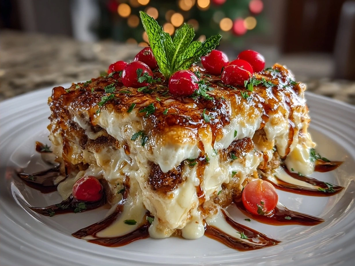 Christmas Cookie Lasagna served in a festive glass dish with berries and marshmallows