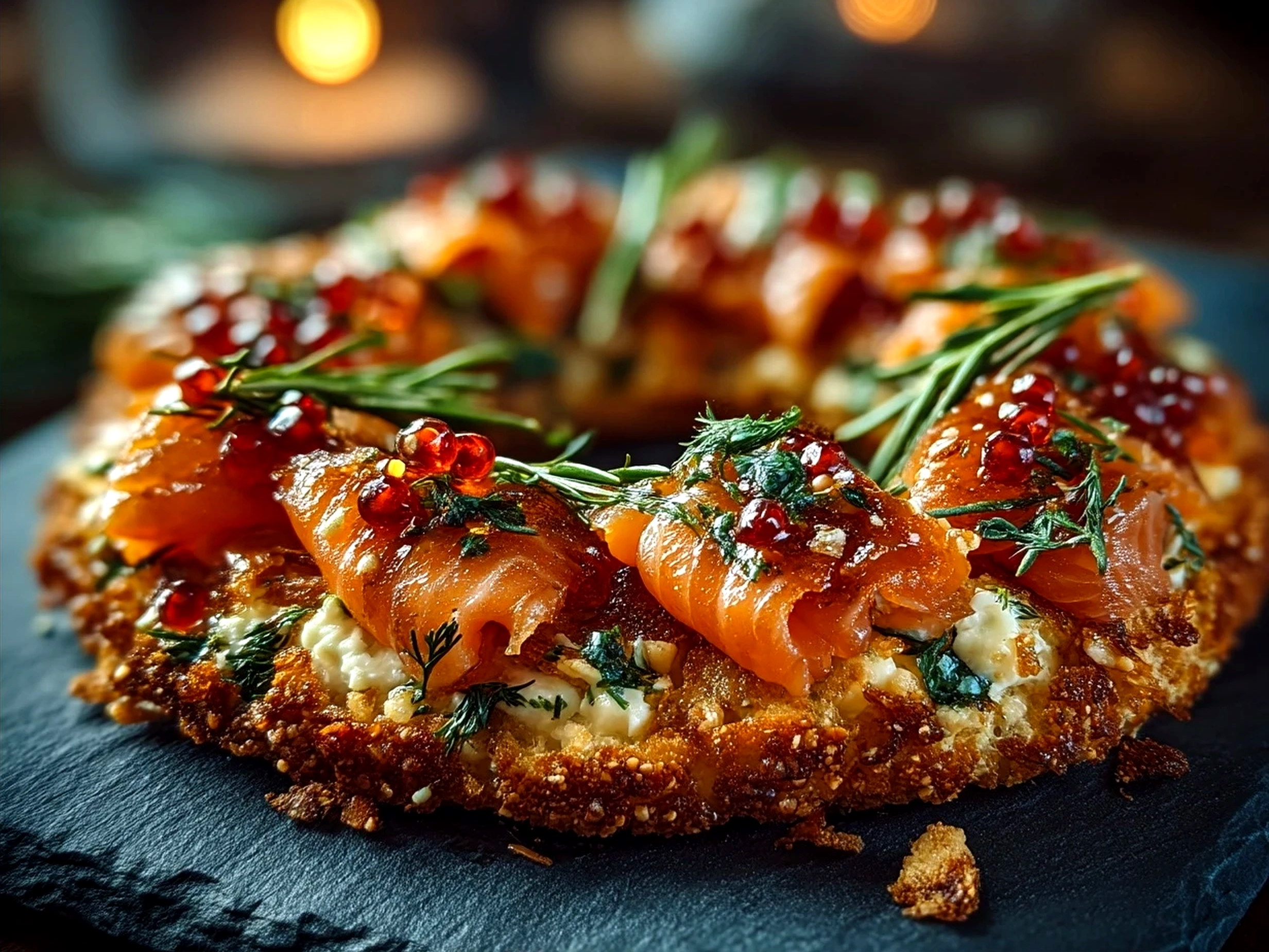 Christmas Smoked Salmon Bruschetta Wreath served beautifully on a wooden board garnished with dill and lemon wedges