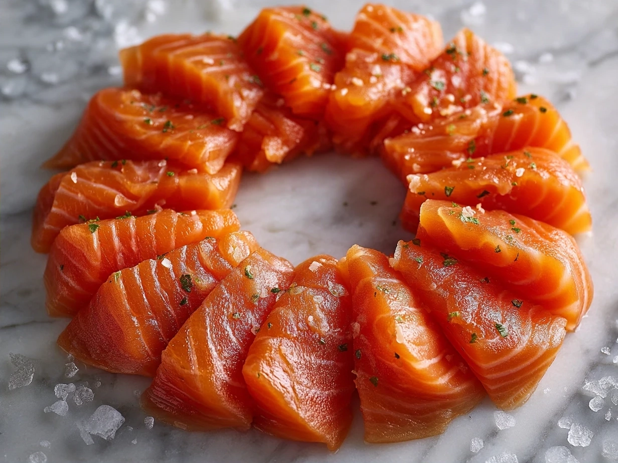 Ingredients for Christmas Smoked Salmon Bruschetta Wreath including smoked salmon, bread, cream cheese, veggies, and herbs