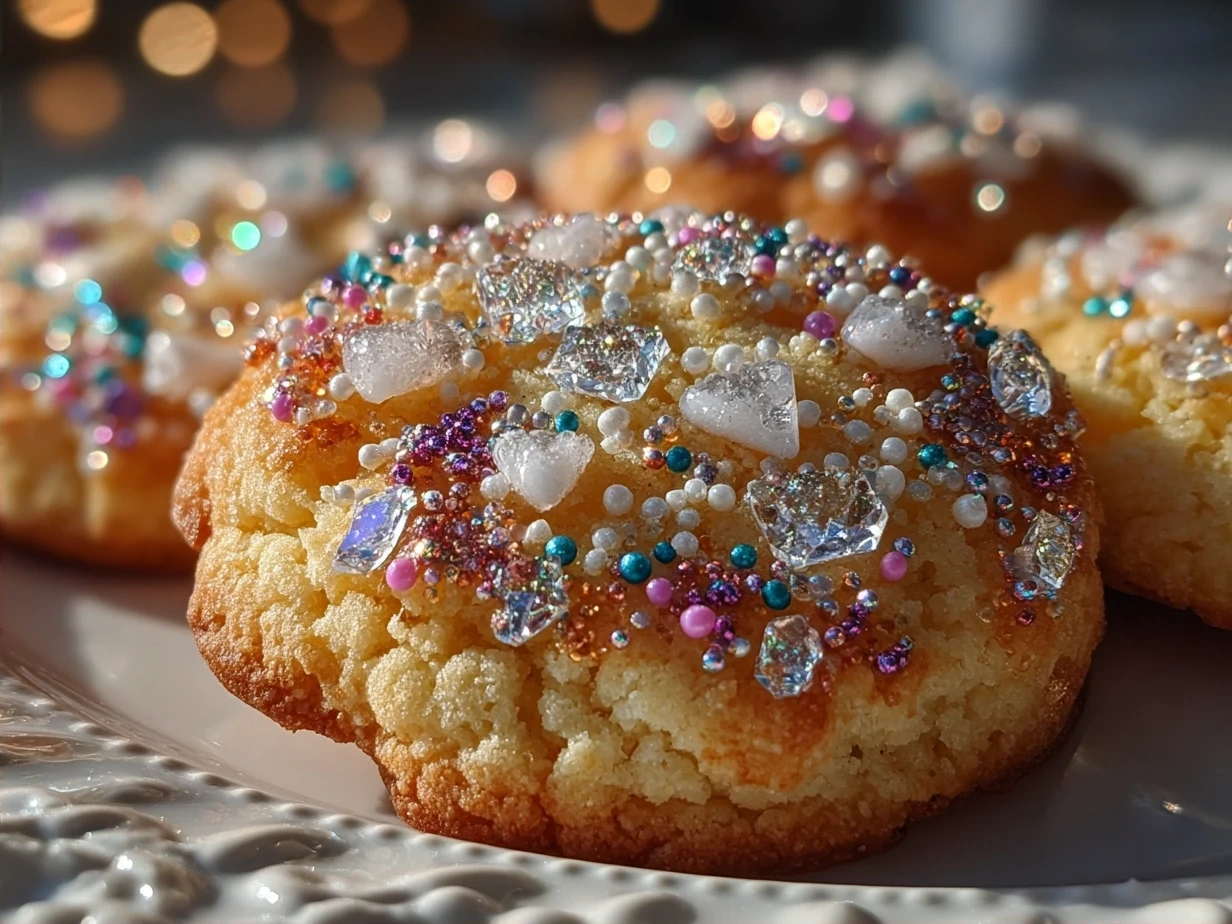 Freshly baked Christmas Sprinkle Cookies on a festive plate