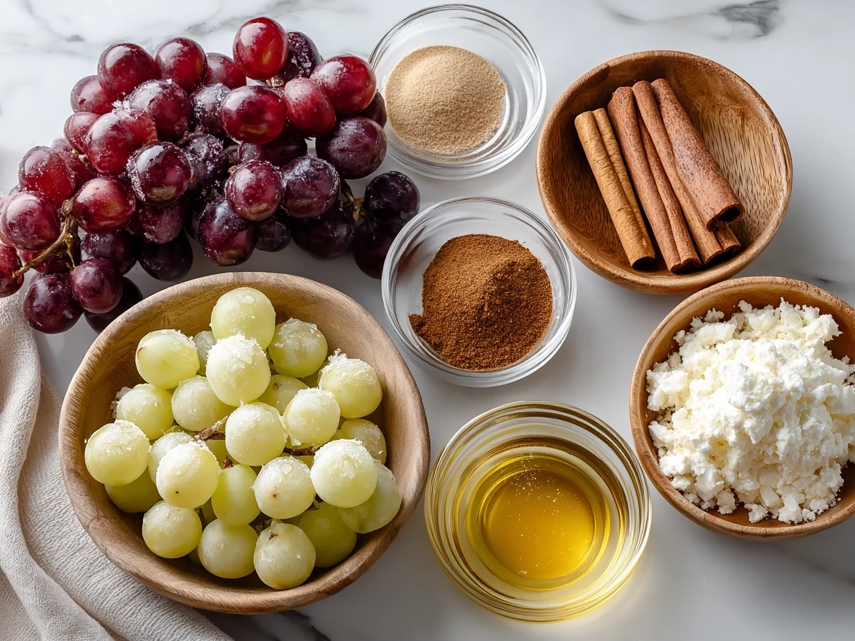 Ingredients for Cinnamon Apple Grape Salad including apples, grapes, cinnamon, lemon juice, honey, and nuts
