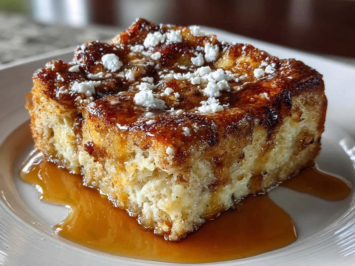 Close up of finished French Toast Casserole showing golden baked top with fresh berries and nuts