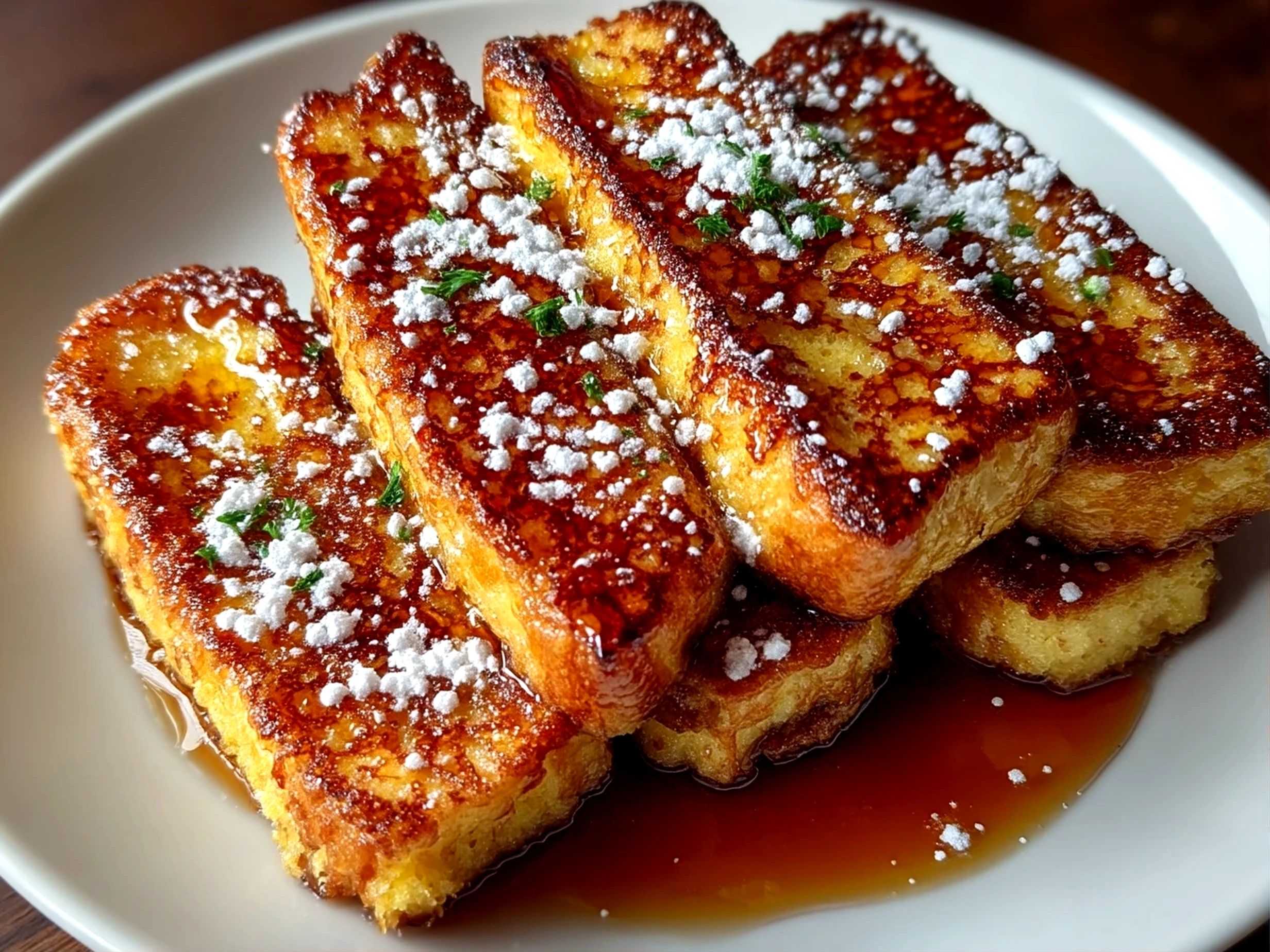Close-up of finished French toast sticks ready to be eaten