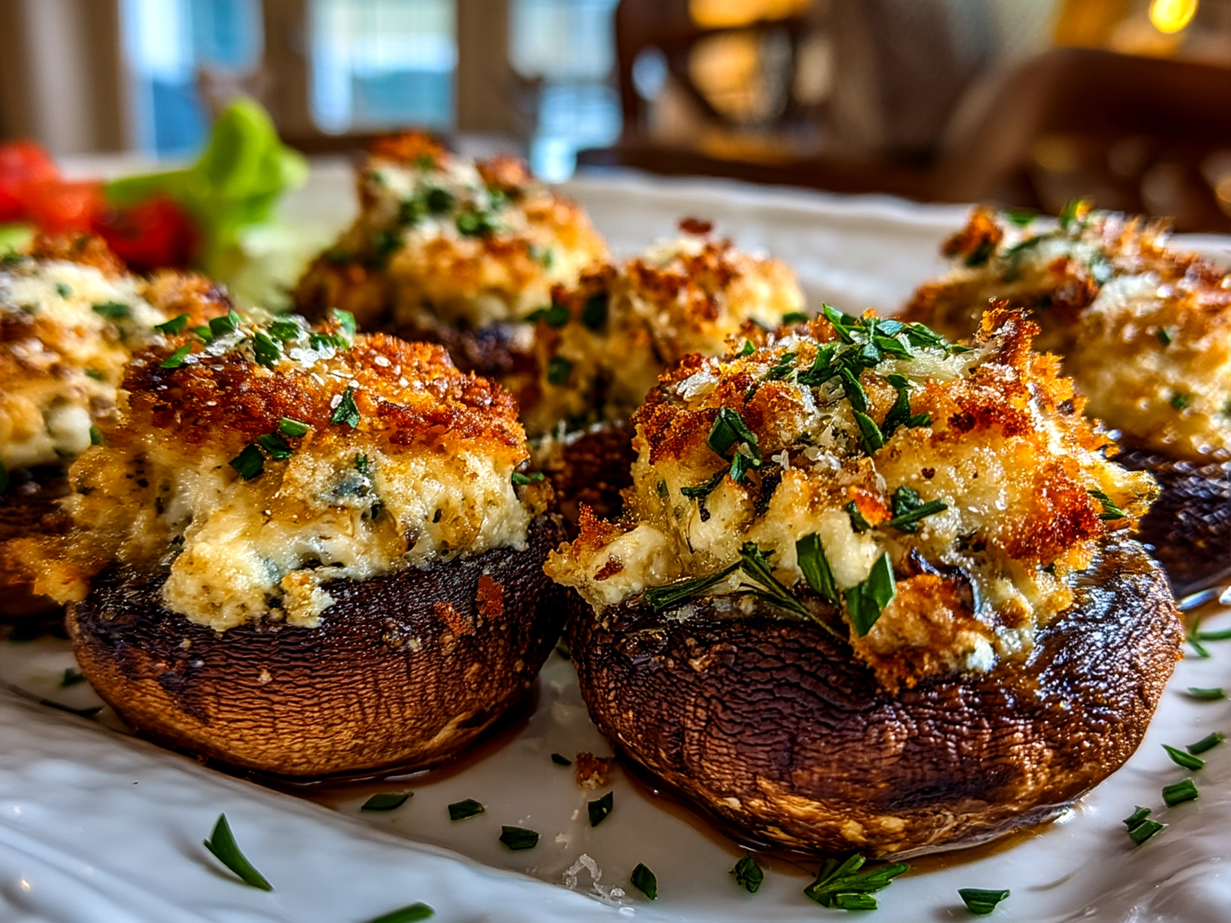 Close-up of finished stuffed mushrooms with rich inviting finish