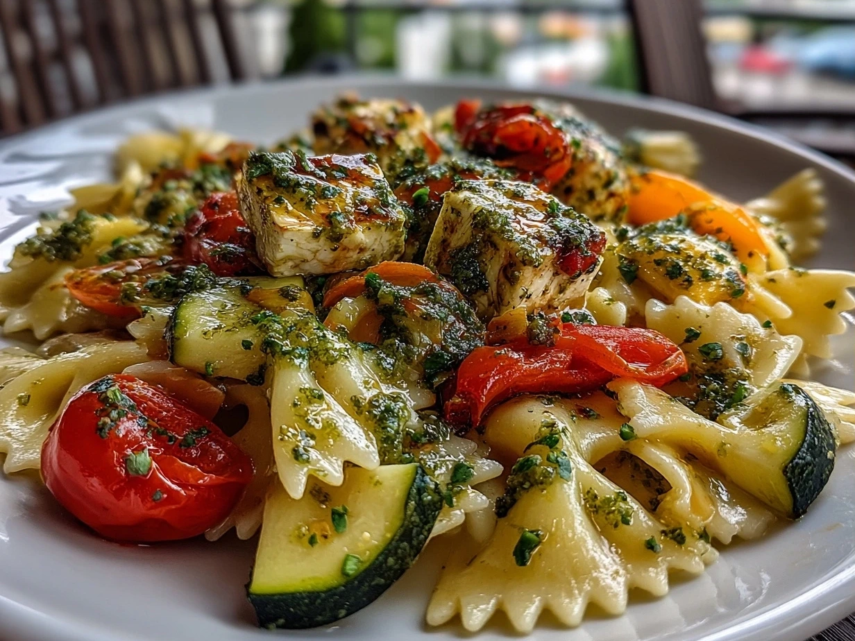 Close-up of finished TikTok Baked Feta Pasta with Pesto showcasing creamy texture and vibrant colors