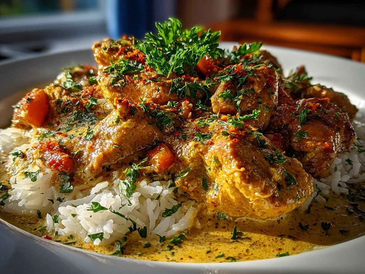 Close-up homemade slow cooker chicken korma