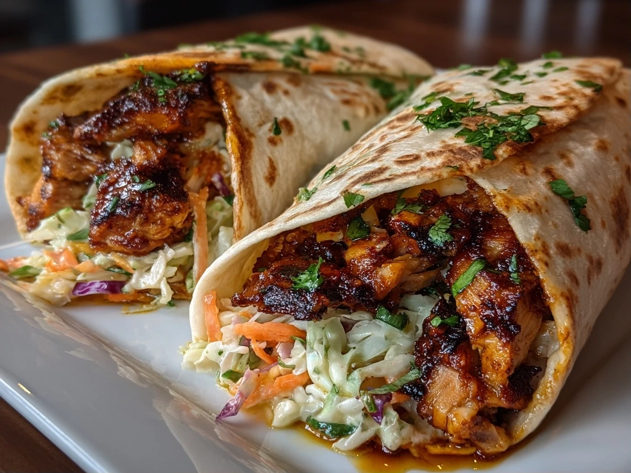 Close-up of a Delicious BBQ Chicken and Coleslaw Wrap
