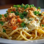Close-up of comforting Crockpot Chicken Spaghetti