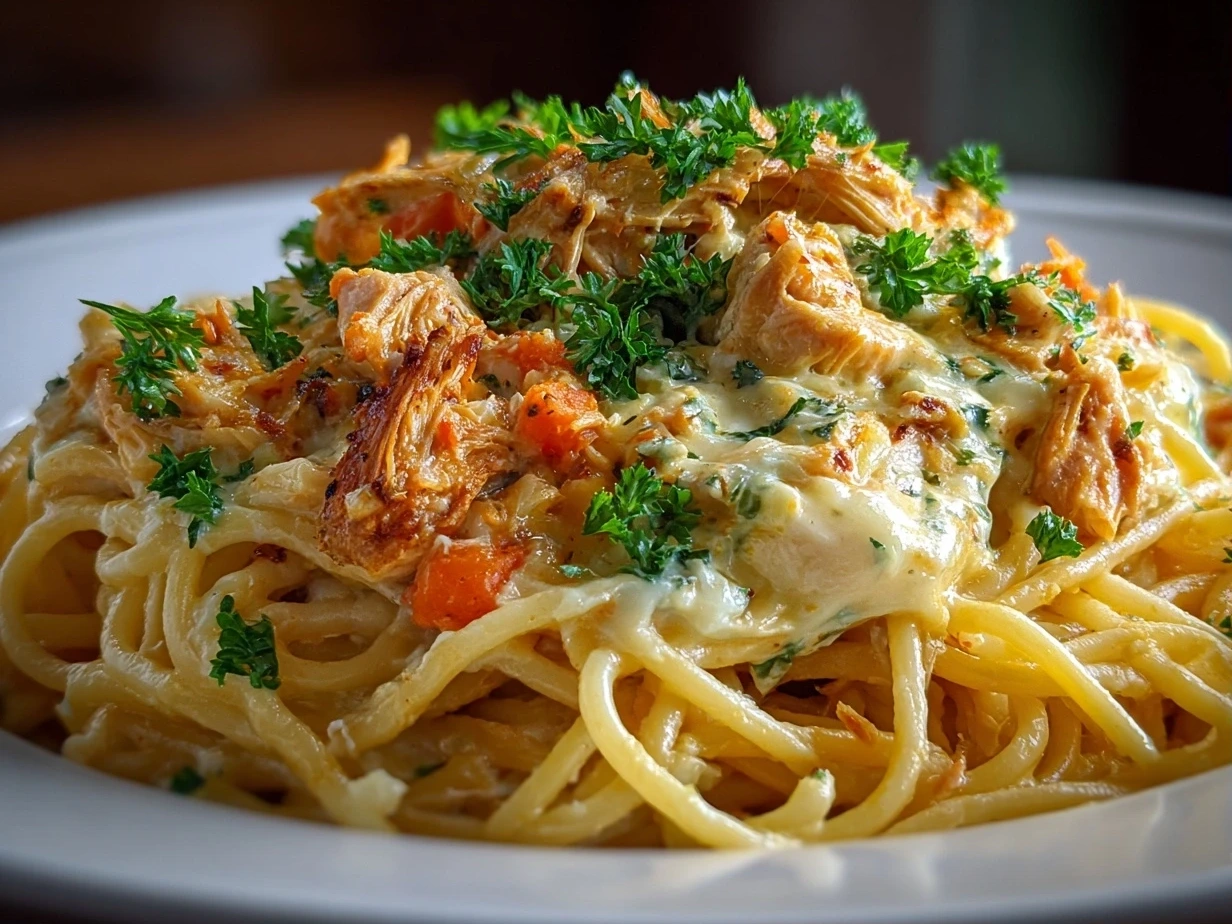 Close-up of comforting Crockpot Chicken Spaghetti