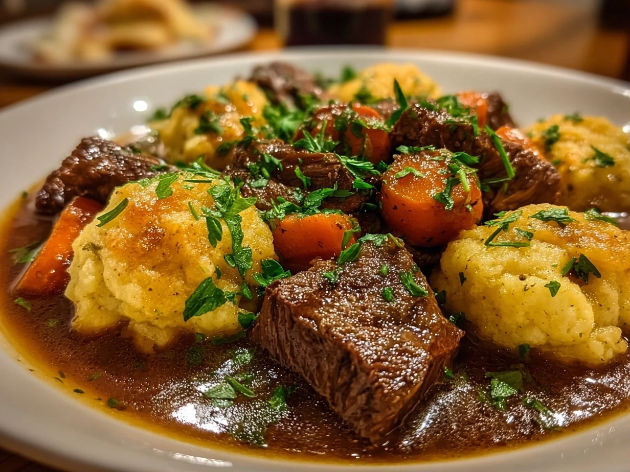 close up of delicious homemade beef stew and dumplings
