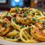 Close-up of delicious shrimp linguine