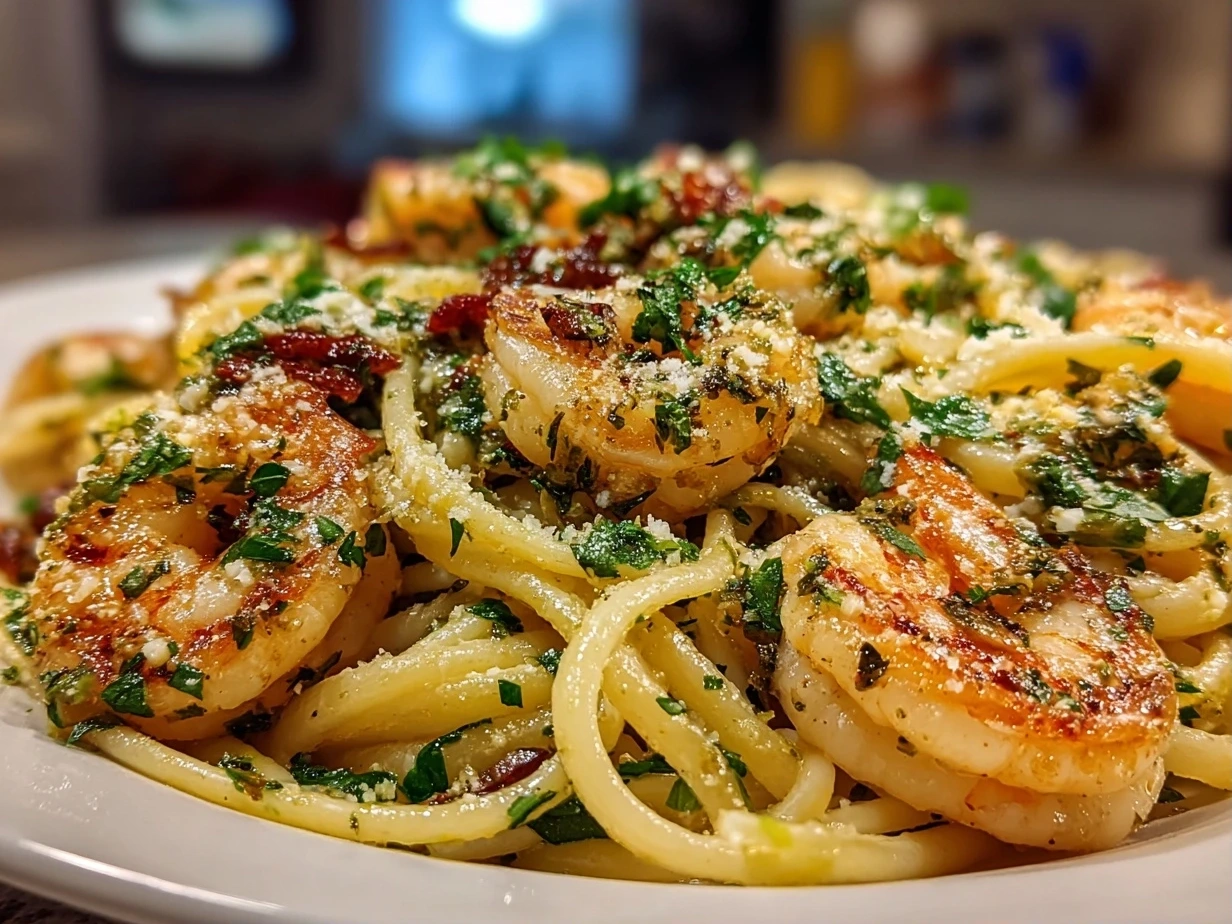 Close-up of delicious shrimp linguine