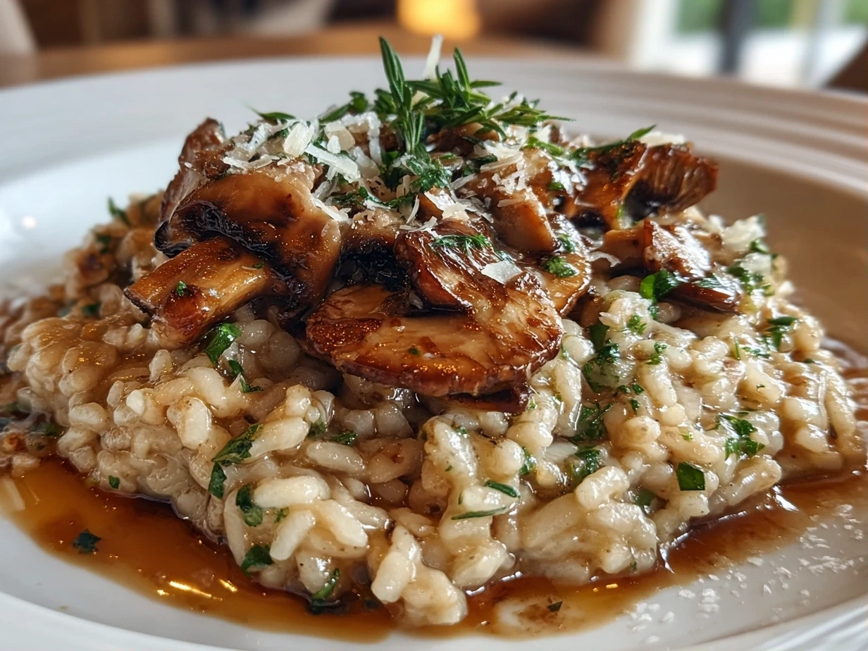 Creamy mushroom risotto, garnished with parsley, in a white bowl